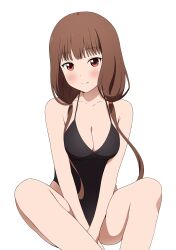 Rule 34 | 1girl, alternate breast size, blunt bangs, breasts, brown eyes, brown hair, cleavage, closed mouth, coro fae, highres, iino miko, kaguya-sama wa kokurasetai ~tensai-tachi no renai zunousen~, light smile, looking at viewer, low twintails, medium breasts, medium hair, one-piece swimsuit, simple background, sitting, solo, swimsuit, twintails, v arms, white background