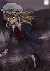 Rule 34 | 2girls, blonde hair, dress, foreshortening, forest, full moon, glowing, glowing eyes, holding hands, hat, long hair, looking at viewer, maribel hearn, moon, multiple girls, nature, night, out of frame, smile, solo focus, takahashi kouta, touhou, tree, yellow eyes