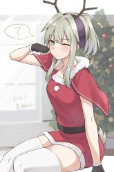 Rule 34 | 1girl, ?, absurdres, alternate costume, antlers, arknights, arm up, belt, black gloves, black hairband, blush, capelet, christmas, christmas tree, closed mouth, dress, fingerless gloves, firewatch (arknights), fur-trimmed capelet, fur-trimmed dress, fur trim, gloves, green eyes, green hair, hairband, highres, horns, indoors, long hair, looking at viewer, mango (mgo), one eye closed, ponytail, red capelet, red dress, santa costume, santa dress, sidelocks, sitting, sleeveless, sleeveless dress, solo, speech bubble, spoken question mark, tail, thighhighs, white thighhighs, zettai ryouiki