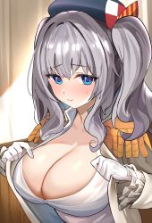 Rule 34 | 1girl, absurdres, beret, black hat, blue eyes, blush, breasts, cleavage, commentary request, enishi96, epaulettes, frilled sleeves, frills, gloves, grey hair, hat, highres, jacket, kantai collection, kashima (kancolle), large breasts, long hair, long sleeves, looking at viewer, open clothes, open jacket, shirt, smile, solo, sweat, twintails, upper body, wavy hair, white gloves, white shirt