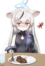 Rule 34 | 1girl, animal ears, blue archive, blush, breasts, brown eyes, carrot, commentary request, curry, curry rice, fal (fal-se-0), food, glass bottle, grey hair, jacket, kokona (blue archive), looking at viewer, pout, rice, simple background, sleeveless, small breasts, solo, table, white background