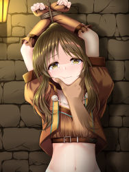Rule 34 | 1girl, arms up, bdsm, belt, blush, bondage, bound, bound wrists, brown hair, commentary, hands on another&#039;s face, hat, highres, idolmaster, idolmaster cinderella girls, looking at viewer, midriff, navel, skirt, solo focus, sweatdrop, takamori aiko, tears, thighhighs, u2 (5798239), yellow eyes