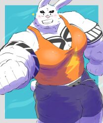 Rule 34 | 1boy, animal ears, bara, blush, chest tuft, clenched hand, facial hair, goatee stubble, grin, highres, huge pectorals, ienjoybuff, incoming fist bump, looking at viewer, male focus, midriff peek, muscular, muscular male, orange tank top, original, pants, pectoral cleavage, pectorals, rabbit boy, rabbit ears, rabbit tail, short hair, short shorts, shorts, smile, solo, sparkle, stubble, tail, tank top, thick eyebrows, thick thighs, thighs, track pants, white fur