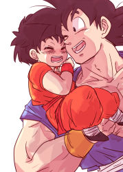 Rule 34 | 1boy, 1girl, ;), black eyes, black hair, carrying, child, closed eyes, dougi, dragon ball, dragonball z, grandfather and granddaughter, happy, manly, miiko (drops7), one eye closed, open mouth, pan (dragon ball), short sleeves, simple background, smile, son goku, tomboy, white background, wristband