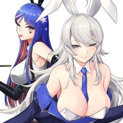 Rule 34 | 2girls, ahoge, alternate costume, animal ears, black gloves, blue hair, blue neckwear, breasts, cleavage, elbow gloves, facial mark, fake animal ears, gloves, kantai collection, large breasts, leotard, long hair, multicolored hair, multiple girls, neckwear between breasts, odachu, one eye closed, playboy bunny, rabbit ears, red hair, sidelocks, simple background, smile, south dakota (kancolle), star (symbol), tongue, tongue out, upper body, washington (kancolle), white background, white hair