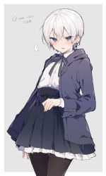 Rule 34 | 1boy, arm at side, artist name, black skirt, blue eyes, blush, bow, bowtie, buttons, commentary request, crossdressing, dress shirt, frilled skirt, frills, frown, hair between eyes, hand on own stomach, highres, hood, hooded jacket, ikeuchi tanuma, jacket, lace trim, looking at viewer, open clothes, open jacket, open mouth, original, pantyhose, rudy (ikeuchi tanuma), school uniform, shirt, short hair, skirt, slit pupils, solo, trap, white hair