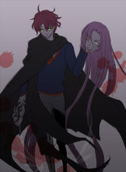 Rule 34 | 1boy, 1girl, blood, cloak, disembodied head, fate/prototype, fate/stay night, fate (series), green eyes, grey background, long hair, mask, medusa (fate), medusa (rider) (fate), pants, perseus (fate), pink eyes, purple hair, short hair, square pupils, very long hair