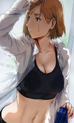 Rule 34 | 1girl, arm up, black sports bra, breasts, brown eyes, brown hair, cleavage, closed mouth, collarbone, collared shirt, commentary, covered erect nipples, dress shirt, foreshortening, hews, highres, holding, jujutsu kaisen, kugisaki nobara, large breasts, long sleeves, looking to the side, navel, nostrils, open clothes, open shirt, see-through, shirt, short hair, solo, sports bra, sweat, upper body, wet, wet clothes, white shirt