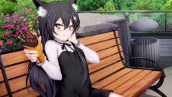 Rule 34 | 1girl, animal ears, bench, black bow, black dress, black hair, blush, bow, brown eyes, chrisandita, closed mouth, dress, flower, food, fox ears, fox hair ornament, hair between eyes, hair ornament, hairclip, hand on own face, hands up, highres, holding, holding food, licking lips, long hair, long sleeves, looking at viewer, on bench, original, park bench, pink flower, shirt, sitting, smile, solo, strapless, strapless dress, tongue, tongue out, trash can, very long hair, white shirt