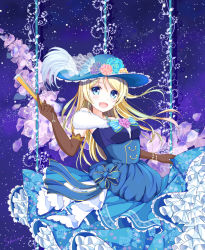 Rule 34 | 10s, 1girl, :d, ayase eli, bad id, bad pixiv id, bare shoulders, blonde hair, blue dress, blue eyes, blue ribbon, blush, bow, bracelet, dress, feathers, floral print, flower, folding fan, frills, fur trim, gloves, hand fan, hat, hat flower, highres, holding, jewelry, long hair, love live!, love live! school idol festival, love live! school idol project, necklace, open mouth, ponytail, ribbon, rose, see-through, shino (shinderera), skirt hold, smile, solo, striped, striped bow