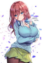 Rule 34 | 1girl, artist name, blouse, blue eyes, blue sweater, blush, breasts, brown pantyhose, cleavage, closed mouth, collarbone, collared shirt, commentary request, cowboy shot, eyes visible through hair, go-toubun no hanayome, green skirt, hair between eyes, hair intakes, headphones, headphones around neck, highres, korean commentary, large breasts, legs together, long hair, looking to the side, maett, miniskirt, nakano miku, pantyhose, petals, pleated skirt, pout, red hair, school uniform, shirt, sidelocks, simple background, skirt, solo, standing, sweater, white background, white shirt