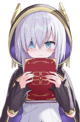 Rule 34 | 1girl, ars almal, black cape, black sleeves, blue eyes, blush, book, cape, closed mouth, commentary request, detached sleeves, hair between eyes, hands up, highres, holding, holding book, hood, hood up, hooded cape, kuhotaka, long sleeves, looking at viewer, nijisanji, nose blush, puffy long sleeves, puffy sleeves, shirt, silver hair, simple background, solo, upper body, v-shaped eyebrows, virtual youtuber, wavy mouth, white background, white shirt