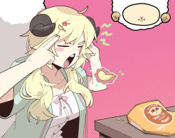 Rule 34 | 1girl, absurdres, ahoge, bag of chips, blonde hair, blush, breasts, camisole, chips (food), closed eyes, cocomayo29 (tomato), commentary request, fingers to head, food, hair ornament, hairclip, highres, hololive, horns, korean commentary, large breasts, man levitating pizza (meme), meme, official alternate costume, open mouth, pink background, potato chips, sheep, sheep girl, sheep horns, solo, telekinesis, tsunomaki watame, tsunomaki watame (loungewear), virtual youtuber, watamate, white camisole