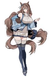Rule 34 | 1girl, absurdres, animal ears, bare shoulders, black skirt, black thighhighs, blue bow, blue eyes, blue jacket, bow, breasts, brown hair, clenched hand, detached sleeves, hair bow, hand up, highres, horse ears, horse girl, horse tail, jacket, large breasts, layered clothes, light smile, long hair, long sleeves, looking at viewer, pleated skirt, ribbed sweater, simple background, skirt, sleeveless, sleeveless sweater, sleeveless turtleneck, standing, super creek (umamusume), sweater, tail, thighhighs, turtleneck, turtleneck sweater, umamusume, unneul, very long hair, white background, white sweater