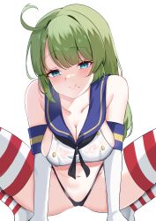 Rule 34 | 1girl, absurdres, ahoge, blue eyes, blush, breasts, calin, cleavage, cosplay, elbow gloves, feet out of frame, gloves, green hair, high-waist panties, highres, kantai collection, large breasts, long hair, navel, shimakaze (kancolle), shimakaze (kancolle) (cosplay), shirt, sideboob, solo, spread legs, squatting, stomach, striped clothes, striped thighhighs, thighhighs, wet, wet clothes, wet shirt, yuugumo (kancolle)