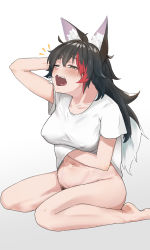 Rule 34 | 1girl, animal ear fluff, animal ears, arm up, black hair, blush, breasts, clothes lift, commentary request, covered erect nipples, female pubic hair, full body, gamarenji, gradient background, hair between eyes, hair ornament, hairclip, highres, hololive, lifted by self, long hair, looking at viewer, medium breasts, multicolored hair, naked shirt, navel, notice lines, one eye closed, ookami mio, open mouth, pubic hair, pubic hair peek, red hair, scratching, shirt, simple background, sitting, skirt, skirt lift, solo, streaked hair, tail, virtual youtuber, wariza, white background, white hair, wolf ears, wolf girl, wolf tail, yawning, yellow eyes