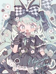Rule 34 | 1girl, animal ears, arm at side, black bow, black dress, black gloves, black thighhighs, blue hair, blush, bow, character name, chibi, chibi only, cowboy shot, dot nose, dress, finger to mouth, flower, gloves, hair bow, hand up, hatsune miku, highres, kemonomimi mode, long bangs, long hair, looking at viewer, milkyway080, open mouth, petticoat, pleated dress, rabbit ears, rabbit girl, short dress, sidelocks, smile, solo, thighhighs, twintails, vocaloid, white flower