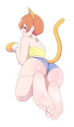 Rule 34 | 1girl, animal ears, artist name, artist request, bare legs, bare shoulders, blue pants, blue shorts, blush, cat ears, cat tail, feet, female focus, foot focus, from behind, full body, green eyes, hair between eyes, highres, hoshizora rin, looking at viewer, looking back, love live!, love live! school idol project, maidforge, orange hair, pants, parted lips, short hair, shorts, smile, soles, solo, tail, toes, white background, yellow eyes