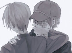 Rule 34 | 2boys, baseball cap, blush, covering another&#039;s mouth, danganronpa (series), danganronpa v3: killing harmony, dual persona, grey background, hair between eyes, hand over another&#039;s mouth, hat, jacket, long sleeves, looking at another, male focus, multiple boys, portrait, saihara shuichi, sawaki (2d1ty), short hair, simple background, sweatdrop