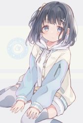 Rule 34 | 1girl, animal print, black hair, blue background, blush, bow, closed mouth, clothing request, commentary, cow print, hair bow, hair ornament, highres, hood, hood down, long sleeves, looking at viewer, medium hair, original, print thighhighs, sencha (senta 10), sitting, sleeves past wrists, solo, symbol-only commentary, thighhighs, wariza, white background, white hood, x hair ornament