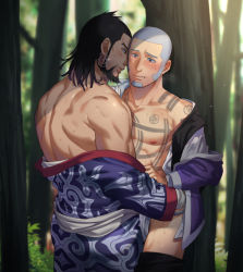 Rule 34 | 2boys, abs, ainu clothes, bare pectorals, beard, black hair, black pants, black vest, blue eyes, blush, buzz cut, couple, dark-skinned male, dark skin, earrings, face-to-face, facial hair, foxvulpine, frottage, goatee, golden kamuy, grey hair, hoop earrings, jacket, japanese clothes, jewelry, kimono, kiroranke, leg between thighs, long sideburns, male focus, multiple boys, nipples, open clothes, open kimono, pants, pectorals, public indecency, purple jacket, purple kimono, shiraishi yoshitake, short hair, sideburns, toned, toned male, undressing another, very short hair, vest, yaoi