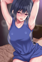 Rule 34 | 1girl, armpits, arms up, bare arms, bare shoulders, black hair, blush, breasts, collarbone, commentary request, huyumitsu, large breasts, looking at viewer, open mouth, original, purple eyes, short hair, sitting, sleeveless, solo