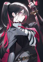Rule 34 | 1girl, absurdres, black gloves, black hair, black jacket, cerberus (legendary sword), collared shirt, diffraction spikes, elbow gloves, gloves, highres, holding, holding sword, holding weapon, jacket, kinty, lapels, legendary sword, long hair, looking at viewer, multicolored eyes, multicolored hair, nail polish, necktie, open clothes, open jacket, parted lips, partially fingerless gloves, pink eyes, pink hair, pink nails, pink necktie, ponytail, purple eyes, ringed eyes, shirt, sideways glance, solo, streaked hair, sweat, sword, two-tone hair, upper body, very long hair, weapon, white shirt