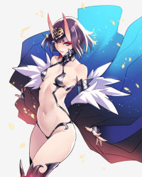 Rule 34 | 1girl, ban! (bansankan), bare shoulders, blue kimono, blunt bangs, bob cut, breasts, bridal gauntlets, collarbone, eyeliner, fate/grand order, fate (series), fur trim, headpiece, highres, hip focus, horns, japanese clothes, kimono, looking at viewer, makeup, navel, oni, open clothes, open kimono, parted lips, purple eyes, purple hair, revealing clothes, short eyebrows, short hair, shuten douji (fate), simple background, skin-covered horns, small breasts, solo, thighs, white background, wide sleeves, wind, wind lift