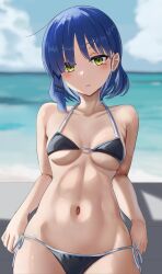 1girl absurdres bikini black_bikini blue_hair blue_sky bocchi_the_rock! breasts closed_mouth cloud collarbone day earrings highres jewelry looking_at_viewer medium_breasts mole mole_under_eye navel ocean outdoors short_hair side-tie_bikini_bottom sky solo stomach stud_earrings swimsuit upper_body yamada_ryo yami_anko yellow_eyes