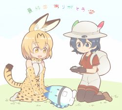Rule 34 | 10s, 2girls, :3, animal ears, backpack, bad id, bad pixiv id, bag, bare shoulders, black eyes, black gloves, black hair, black legwear, blue sky, bow, bowtie, brown eyes, brown footwear, bucket hat, cat ears, cat tail, clenched hands, cloud, cloudy sky, cross-laced clothes, day, elbow gloves, eyelashes, feather trim, full body, gloves, grass, hair between eyes, hat, hat feather, holding, kaban (kemono friends), kemono friends, kneeling, loafers, looking at another, looking down, lucky beast (kemono friends), multicolored eyes, multiple girls, nao (necomugi), open mouth, orange hair, outdoors, pantyhose, pantyhose under shorts, red shirt, seiza, serval (kemono friends), serval print, serval tail, shirt, shoes, short hair, short sleeves, shorts, sitting, skirt, sky, sleeveless, sleeveless shirt, smile, spoilers, striped tail, tail, tareme, translated, white footwear, white hat, white shirt, white shorts, yellow eyes