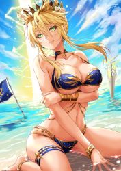 Rule 34 | 1girl, armpits, artist name, artoria pendragon (fate), artoria pendragon (lancer) (fate), beach chair, belly chain, bikini, blonde hair, blue bikini, braid, breasts, bright pupils, cleavage, closed mouth, collarbone, crown, cup, day, drinking glass, eyelashes, fate/grand order, fate (series), flower, french braid, frown, green eyes, hair between eyes, hair flower, hair ornament, highres, holding, holding cup, holding drinking glass, jewelry, large breasts, long arms, long hair, looking at viewer, nail polish, navel, ocean, outdoors, rhongomyniad (fate), sakiyamama, sitting, sky, solo, swimsuit, thigh strap, thighs, umbrella, underboob, wristband
