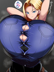Rule 34 | 1girl, android 18, arms behind head, blonde hair, blue eyes, bouncing breasts, breasts, bursting breasts, cleavage, dragonball z, earrings, gigantic breasts, huge breasts, jewelry, motion lines, norio (pheromosa times), smile, solo