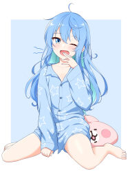 Rule 34 | 1girl, absurdres, ahoge, aqua hair, barefoot, blue background, blue eyes, blue hair, blue shirt, blue shorts, border, collarbone, colored inner hair, commentary request, eyelashes, fang, feet, felutiahime, flat chest, full body, hair between eyes, hand up, highres, hololive, hoshimachi suisei, legs, long hair, long sleeves, looking at viewer, messy hair, multicolored hair, one eye closed, open mouth, oversized clothes, pajamas, pillow, print shirt, shadow, shiny skin, shirt, shorts, sidelocks, sitting, solo, star (symbol), star in eye, symbol in eye, thighs, toenails, toes, virtual youtuber, wariza, white border, yawning