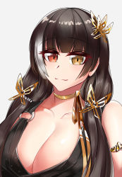 Rule 34 | 1girl, absurdres, airbo, black dress, black hair, bracer, breasts, butterfly hair ornament, cleavage, closed mouth, collarbone, dress, girls&#039; frontline, gold choker, hair ornament, hairclip, heterochromia, highres, large breasts, long hair, looking at viewer, multicolored hair, red eyes, ro635 (girls&#039; frontline), solo, upper body, white background, yellow eyes