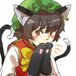 Rule 34 | 1girl, animal ears, animal hands, blush stickers, brown eyes, brown hair, cat ears, cat girl, cat tail, chen, earrings, female focus, hat, jewelry, multiple tails, short hair, simple background, solo, tail, touhou, upper body, white background, yukataro