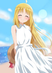 Rule 34 | 1girl, arms behind back, beach, blue sky, blush, bocchi the rock!, closed mouth, collared dress, commentary request, dars (recolors), day, dress, hair down, hat, highres, holding, holding clothes, holding hat, ijichi nijika, long hair, ocean, outdoors, sky, sleeveless, sleeveless dress, smile, solo, sun hat, unworn hat, unworn headwear, very long hair, white dress