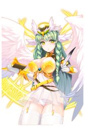 Rule 34 | 1girl, angel, angel wings, braid, breasts, dress, feathered wings, feathers, garter straps, green hair, hat, highres, holding, large breasts, long hair, magic circle, official art, panties, raguel (soccer spirits), see-through, snowball22, soccer spirits, thighhighs, transparent background, twin braids, underwear, white panties, wings, yellow dress, yellow eyes