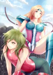 Rule 34 | 1boy, 1girl, androgynous, andromeda shun, armor, bad id, bad pixiv id, blonde hair, blue eyes, blue sky, boots, breastplate, breasts, chameleon june, circle, cloud, day, dominatrix, elbow gloves, fingerless gloves, gauntlets, gloves, green eyes, green hair, highres, large breasts, leotard, long hair, mountain, odawara ai, open mouth, red leotard, saint seiya, sky, sunlight, whip