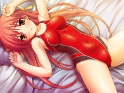 Rule 34 | 1:02am, 1girl, armpits, arms up, atelier kaguya, bed, blush, breasts, competition swimsuit, embarrassed, from above, game cg, hair ribbon, impossible clothes, impossible swimsuit, long hair, lying, minase rin, navel, on back, one-piece swimsuit, open mouth, pillow, pink hair, red hair, ribbon, shiny clothes, solo, splash!, spread legs, swimsuit, thighs, very long hair, yellow eyes