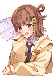 Rule 34 | 1girl, :d, badge, black necktie, blonde hair, blush, brown hair, button badge, collared shirt, cropped torso, dot nose, fujishiro kokoa, hand on own cheek, hand on own face, head rest, highres, holding, holding paper, hood, hood down, hooded jacket, jacket, long sleeves, looking at viewer, medium hair, multicolored hair, necktie, open mouth, paper, purple eyes, school uniform, sendo yuuhi, shirt, simple background, single hair ring, sleeve cuffs, smile, solo, streaked hair, teeth, transparent background, upper teeth only, virtual youtuber, vspo!, white background, white shirt, yellow jacket