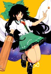 Rule 34 | 1girl, arm cannon, atom, bird wings, black footwear, black hair, black socks, black wings, bow, breasts, cape, center frills, constellation print, control rod, feathered wings, frilled shirt collar, frilled skirt, frills, green bow, green skirt, hair bow, happy, highres, kneehighs, loafers, long hair, looking at viewer, maguro (mawaru sushi), medium breasts, red eyes, reiuji utsuho, shirt, shoes, simple background, skirt, smile, socks, third eye on chest, touhou, two-sided fabric, very long hair, weapon, white cape, white shirt, wings, yellow background