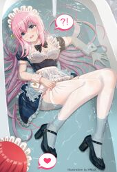 Rule 34 | 2girls, absurdres, bathtub, blue eyes, bocchi the rock!, bow, bowtie, breasts, cleavage, confused, detached collar, gotoh hitori, headdress, highres, hmax, kita ikuyo, lying, maid, mary janes, medium breasts, multiple girls, partially submerged, pink hair, shoes, thighhighs, water, wet, wet clothes, white wrist cuffs, wrist cuffs