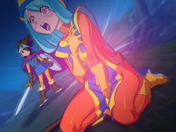 Rule 34 | 1boy, 1girl, aqua hair, between legs, bingo tarte, blush, bodysuit, boots, breasts, brown gloves, brown hair, chunsoft, dragon quest, dragon quest iii, emphasis lines, enix, gloves, hair over one eye, hand between legs, hat, long hair, medium breasts, outdoors, pink eyes, priest (dq3), roto (dq3), shield, shiny clothes, sitting, sword, tabard, tagme, wariza, weapon, yellow gloves