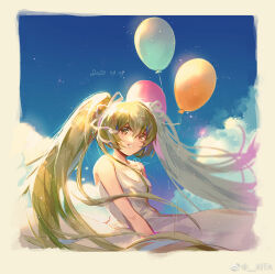 Rule 34 | 1girl, balloon, bare arms, blue sky, border, chinese commentary, clothes lift, cloud, commentary request, cowboy shot, dated, day, dress, dress lift, green eyes, green hair, hair ribbon, hatsune miku, kita (kitairoha), long dress, long hair, looking at viewer, open mouth, outdoors, ribbon, sky, sleeveless, sleeveless dress, smile, solo, spaghetti strap, teeth, twintails, very long hair, vocaloid, watermark, weibo logo, weibo watermark, white border, white dress, white ribbon