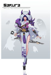 Rule 34 | 1girl, absurdres, alternate costume, anyuesama, cape, character sheet, closed mouth, facepaint, flip-flops, full body, gauntlets, ghost, hair between eyes, halloween, halloween costume, highres, holding, holding sword, holding weapon, honkai (series), honkai impact 3rd, japanese clothes, katana, kimono, lips, looking at viewer, okobo, purple eyes, purple hair, raiden mei, sandals, smile, solo, sword, torn cape, torn clothes, weapon, white hood, white kimono, white legwear