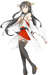 Rule 34 | 1girl, :d, bare shoulders, black footwear, black hair, boots, brown eyes, detached sleeves, full body, hair between eyes, hair ornament, hairclip, hands on own chest, haruna (kancolle), headgear, highres, kantai collection, long hair, looking at viewer, nontraditional miko, open mouth, red skirt, simple background, skirt, smile, solo, subaru izumi, thigh boots, thighhighs, white background
