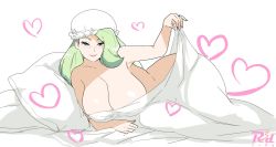 Rule 34 | 1girl, bed, bed sheet, blanket, blue eyes, blush, breasts, creatures (company), fingernails, game freak, hat, heart, highres, huge breasts, lifting covers, long fingernails, looking at viewer, mature female, melony (pokemon), naked sheet, nightcap, nintendo, pokemon, pokemon swsh, r3dfive, seductive smile, smile, solo, suggestive, under covers, watermark, web address