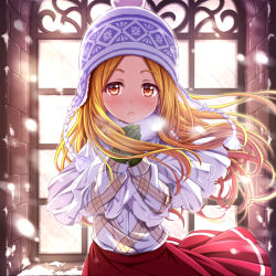 Rule 34 | 1girl, beanie, blonde hair, blush, breath, brown eyes, capelet, commentary request, dress shirt, forehead, fur collar, hat, idolmaster, idolmaster cinderella girls, long hair, looking at viewer, mochizuki hijiri, own hands together, parted bangs, parted lips, red skirt, shirt, skirt, snowing, solo, sui. (ayase), very long hair, white capelet, white hat, white shirt