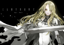 Rule 34 | armor, blonde hair, bodysuit, cape, character name, claymore (series), copyright name, gloves, highres, pauldrons, saberiii, shoulder armor, solo, sword, teresa, text focus, weapon, yellow eyes