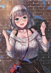 Rule 34 | 1girl, absurdres, amane sora, bag, between breasts, black-framed eyewear, black choker, black skirt, black wristband, blue ribbon, blush, braid, breasts, brick, brick wall, choker, cleavage, commentary request, cross-laced clothes, cross-laced sleeves, glasses, green eyes, grey eyes, hair ribbon, hands up, highres, hololive, huge filesize, large breasts, long sleeves, off-shoulder sweater, off shoulder, open mouth, plaid, plaid skirt, ribbed sweater, ribbon, ribbon-trimmed sleeves, ribbon trim, semi-rimless eyewear, shirogane noel, shirogane noel (casual), short hair, skirt, smile, solo, strap between breasts, sweater, teeth, upper body, upper teeth only, virtual youtuber, white sweater
